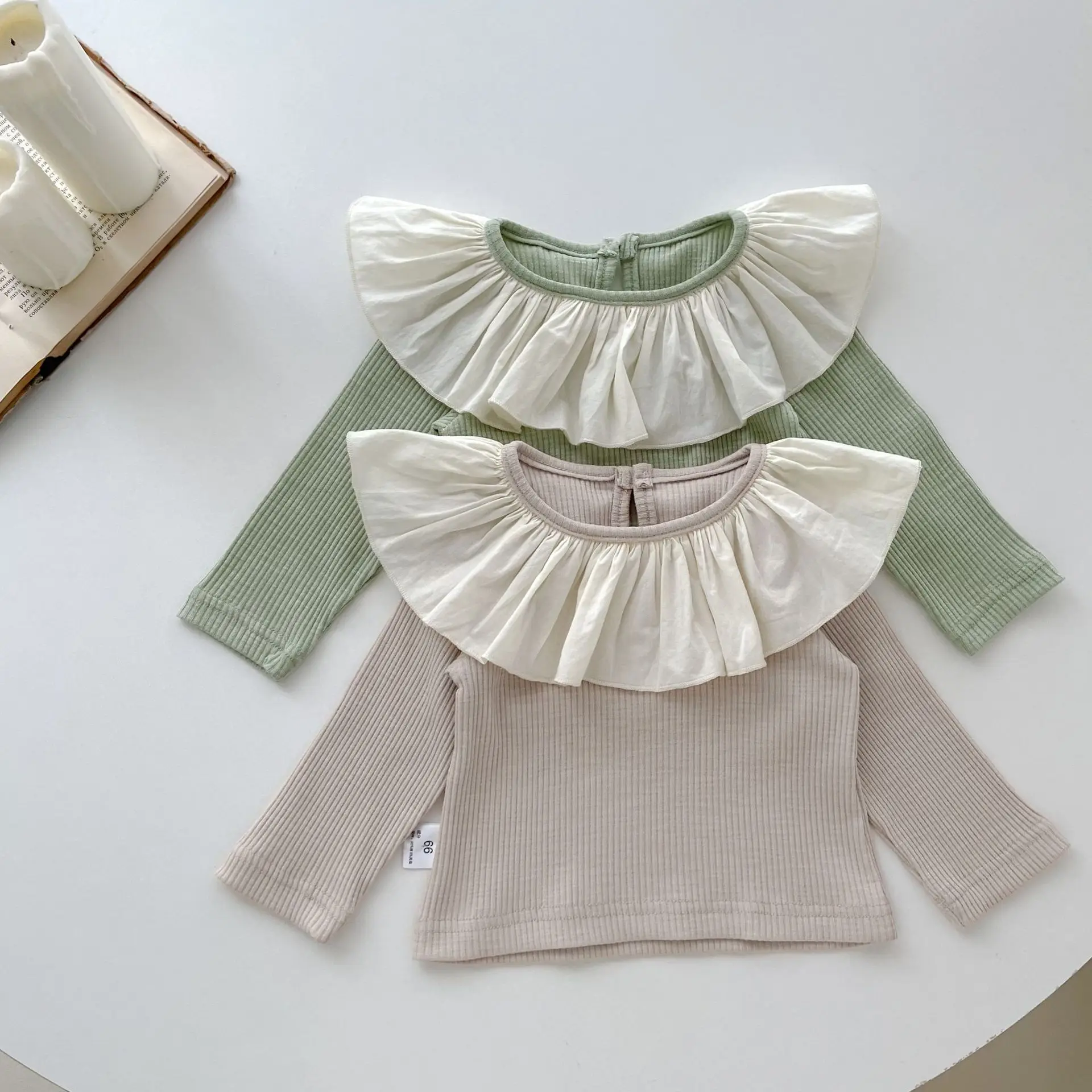 

Ins Autumn Boy Girl Baby Ribbed Long Sleeve T-shirt Newborn Infant Pit Striped Splicing Lotus Collar Tops Kid Cotton Casual Tees