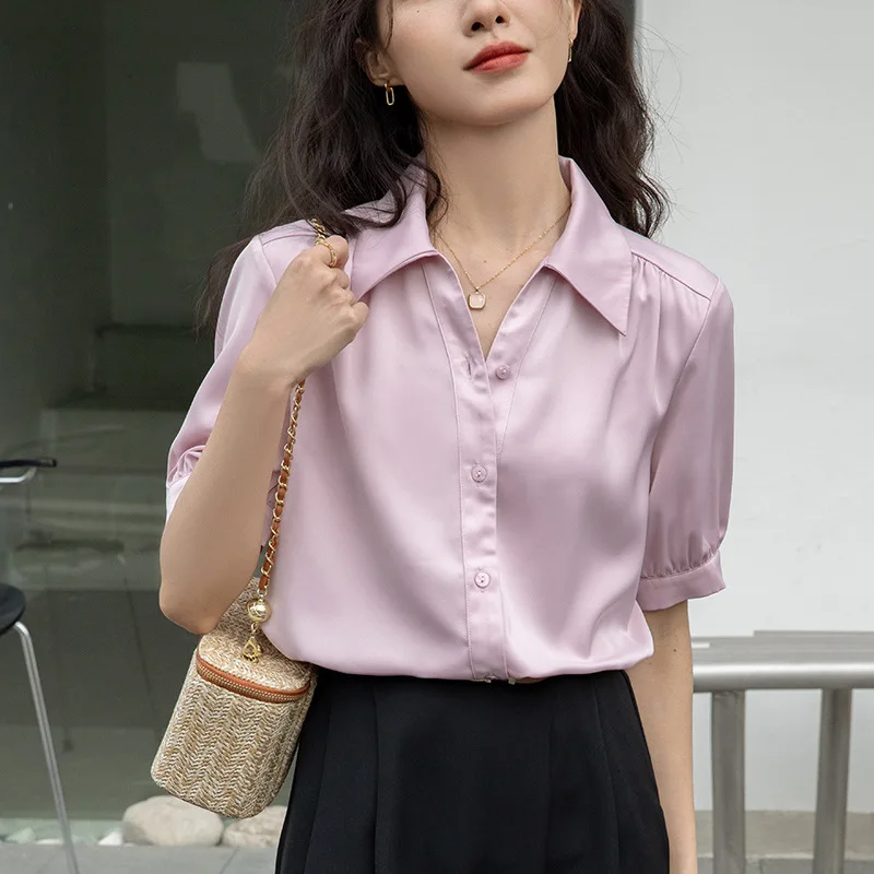 

New Summer Fashion Woman Blouse 2023 Solid Stain V-neck Short Sleeves Elegant Minimalist Shirts and Blouses for Women