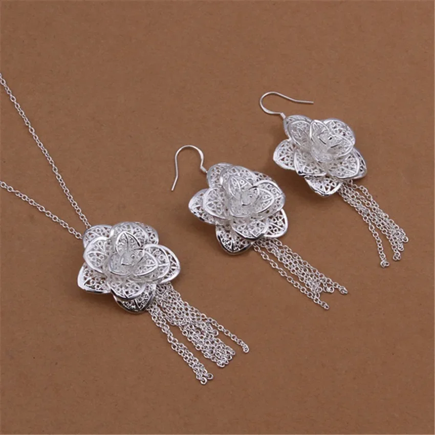 

925 Sterling Silver Jewelry Set for Women Fine Flower Pendant Necklace Earrings Fashion Party Wedding Girl Christmas Gifts
