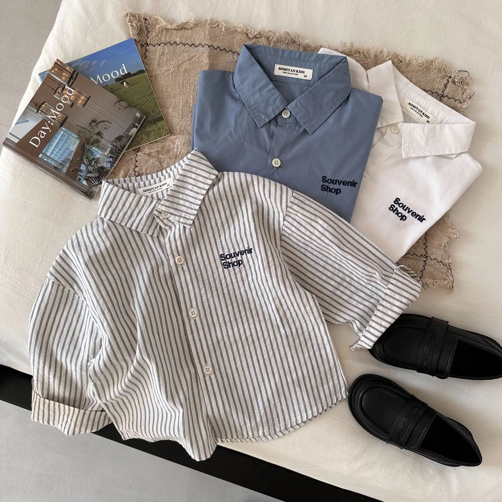 

Повседневная рубашка, Весенняя блузка с вышивкой и надписью для отдыха, новинка 2023, Детские корейские Рубашки, Топы в полоску для девочек, ру...