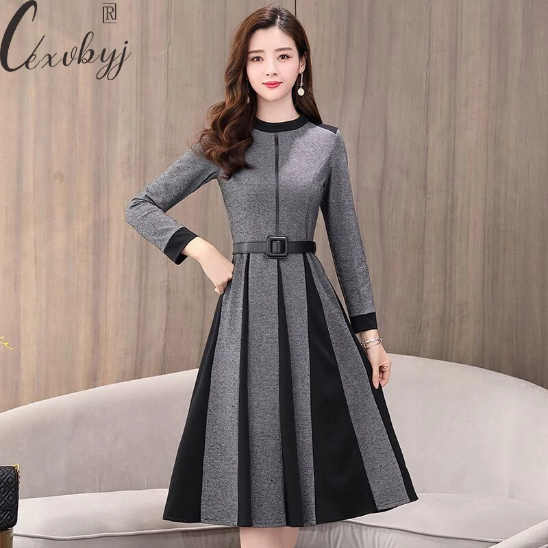 

Vintage Dress Women Korean Fashion O-Neck Elegant Dress With Belt Ladies Temperament Large Size Patchwork Midi A-Line Dress 3xl