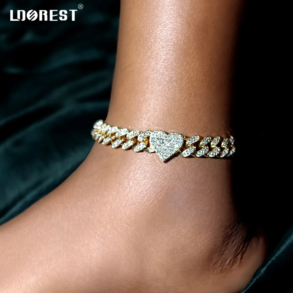 

Iced Out Rhinestone Paved Heart Clasp Cuban Anklets For Women Men Punk Hiphop Miami Cuban Link Ankle Bracelet Sandals Jewelry