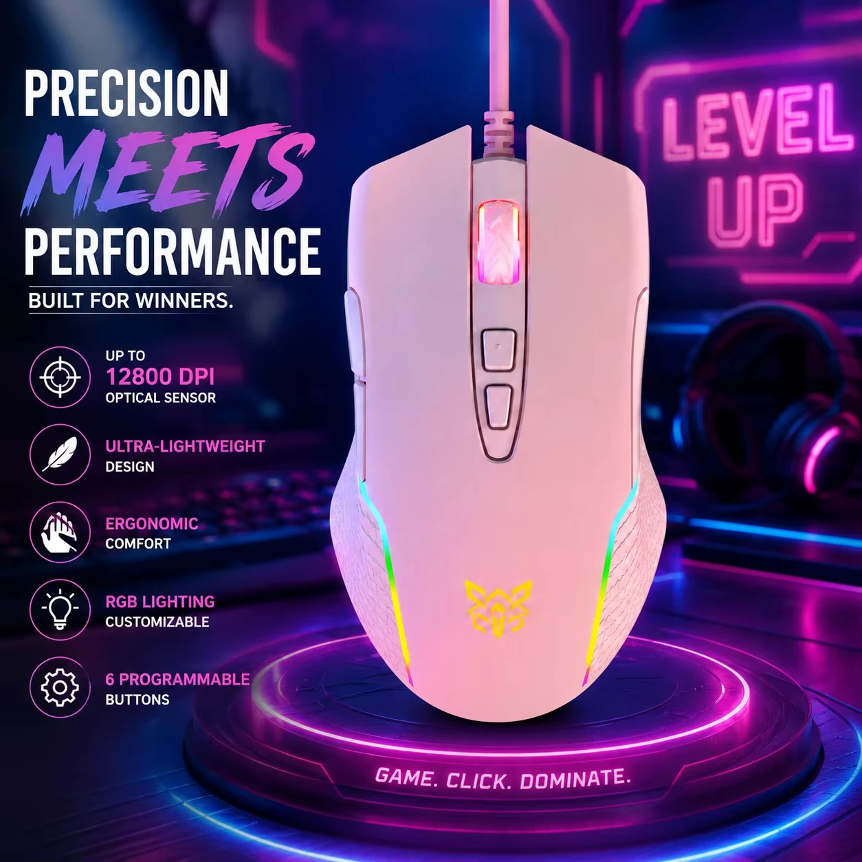 Фото Проводная игровая мышь 6400DPI, 7 кнопок, эргономичная, с RGB-подсветкой, оптическая, для ПК, ноутбука, настольного компьютера, геймеров, розовая, белая, фиолетовая №5