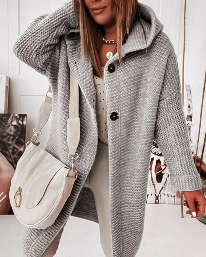 

Cardigan for Women 2023 Autumn Winter Fashion Long Sleeve Button Front Hooded Casual Plain Long Sleeve Daily Long Knit Cardigan