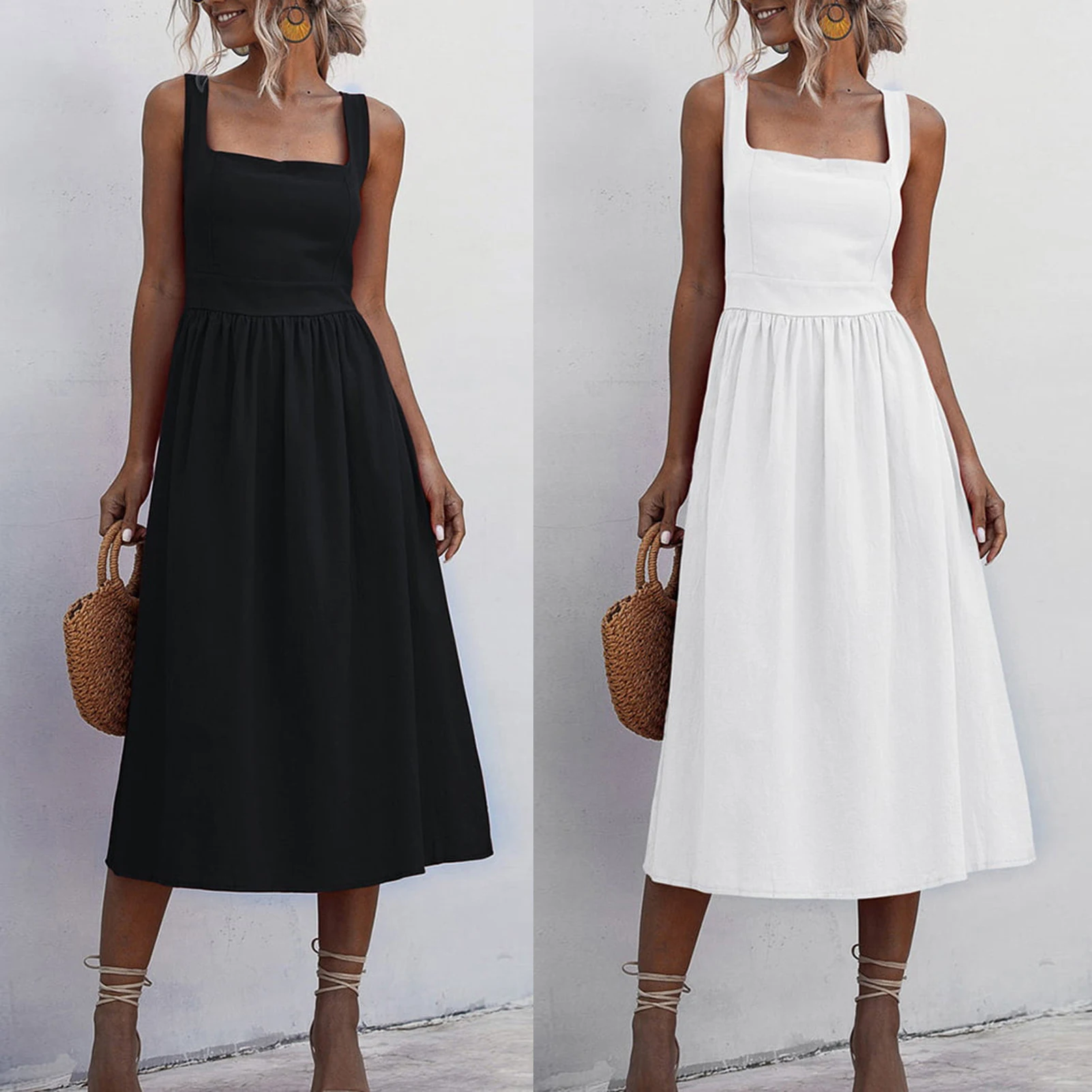 

Ladies Sleeveless Midi Dress Simple A Line Midi Dress High Waist Chic Solid Color Pullover Daily Commuting Dress