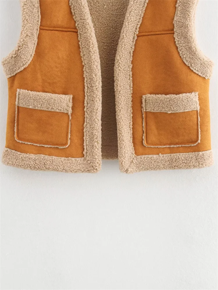 Zevity New Women Fashion Brown Fur Integrated Vest Jacket Female High Street Open Stitching Pockets Winter WaistCoat Tops CT7142