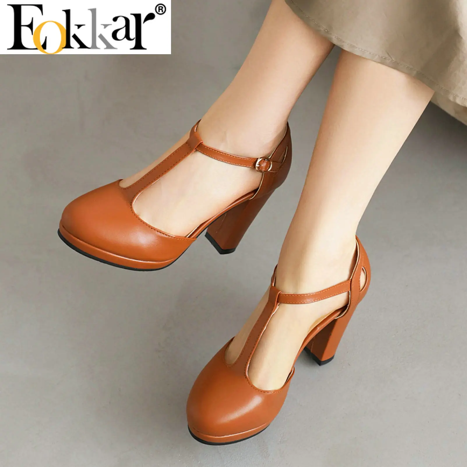 Eokkar T Strap Pumps Block High Heel Ankle Strap Pumps for Women Block High Heel Shoes Platform Closed Toe White Pumps