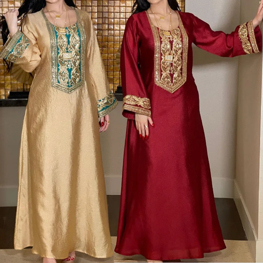 

2022 Spring Summer Red Gold Sequined Middle East Muslim Robe Jalabiya Dress Women Ramadan Long Loose Maxi Dress