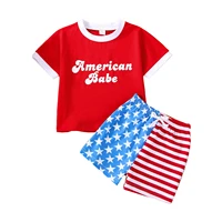 newborn independence day pants suit red round neck t shirt and star and stripe print drawstring shorts