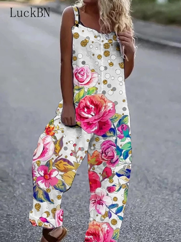

Printed Sleeveless Sling Jumpsuit Women Casual Wide Leg Loose Jumpsuit Overalls Summer Fashion Casual Beach Jumpsuit Harajuku