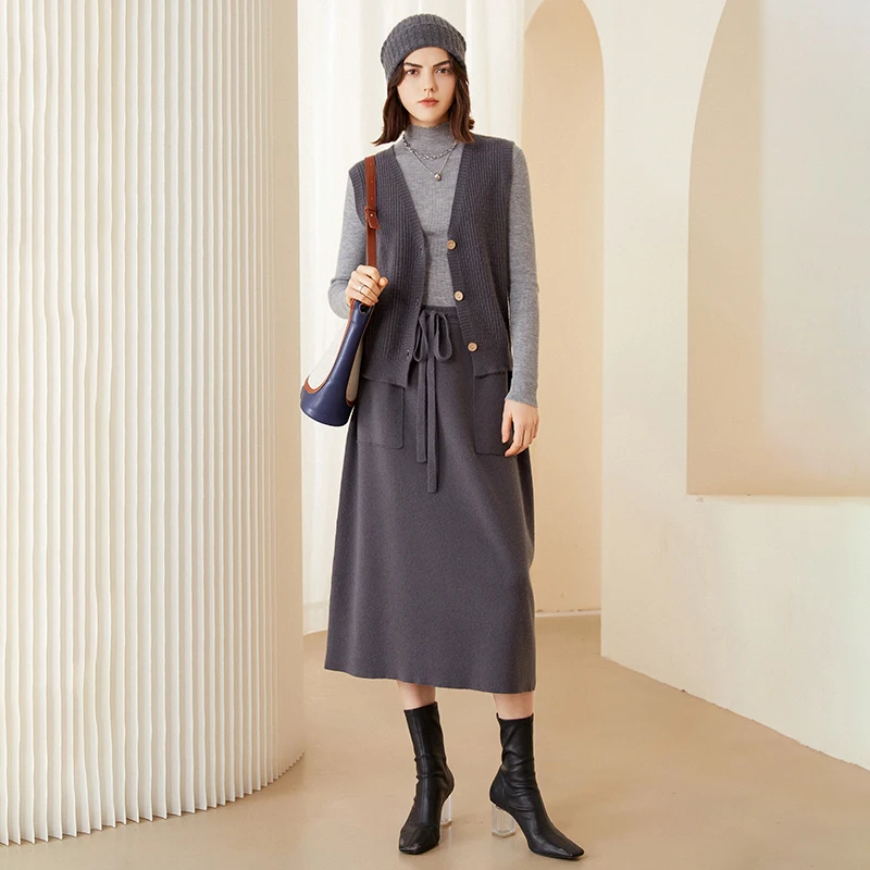 

Fashionable New Mid Length Cashmere Skirt 100% Pure Cashmere Knitted Half Skirt Women's Over Knee Pocket A-line Umbrella Skirt