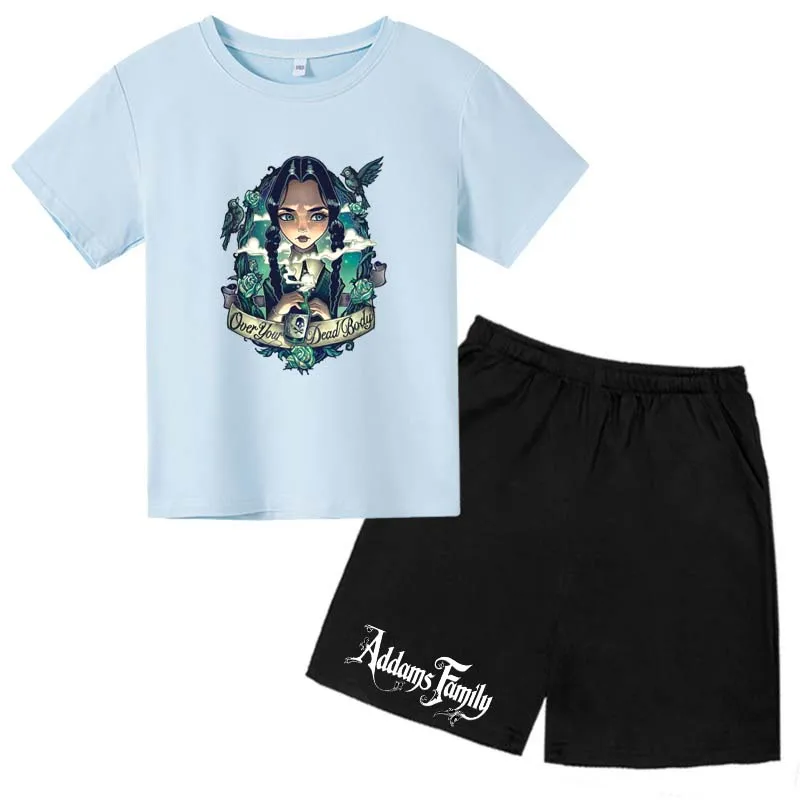 

Kids Summer Wednesday Addams Family Print Casual Short Suits 4-14T Boys Girls 2PCS T-shirts+pants Sports Outfits Clothes Sets