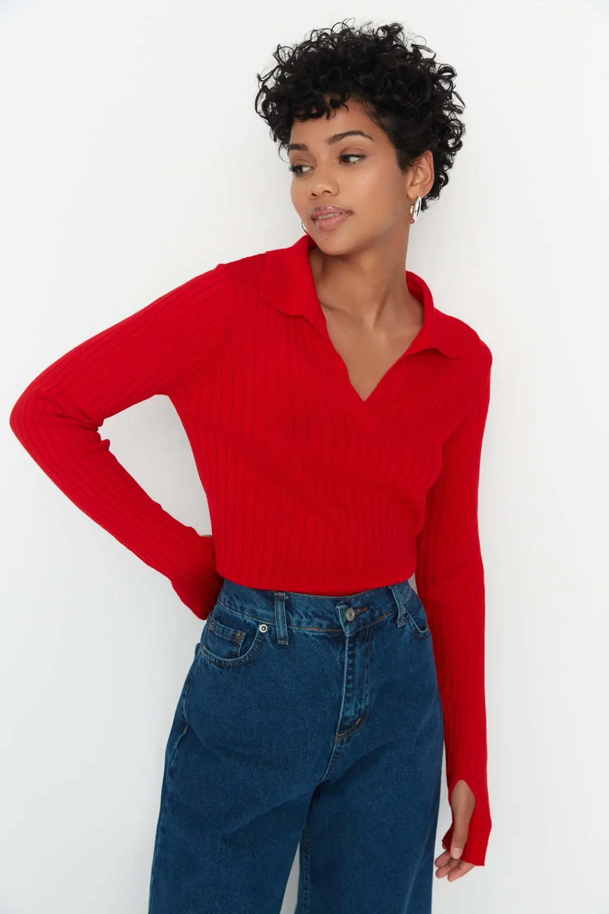 Red Sleeve End Detailed Polo Neck Knitwear Sweater TWOAW21KZ1113