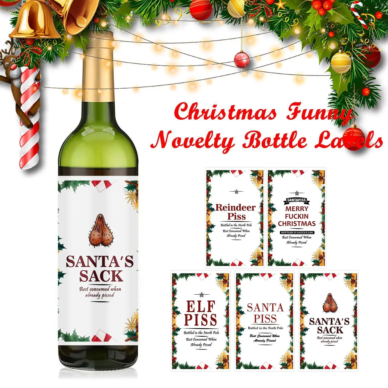 

5PCS Christmas Funny Novelty Bottle Label Self-adhesive Paper Xmas Decor Feativals Decor Supplies