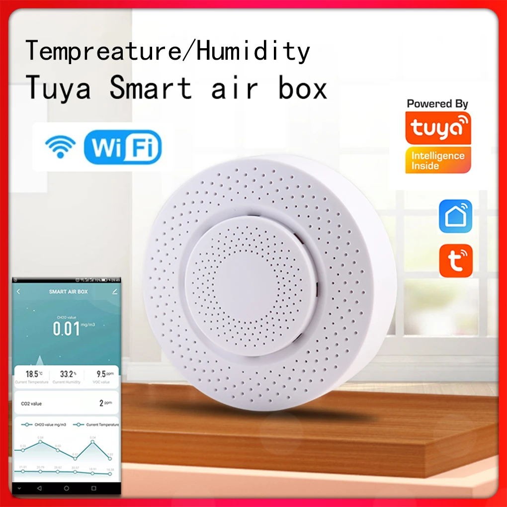 

Zigbee Tuya Smart Air Box Carbon Dioxide Detector CO2 Gas Sensor FORMALDEHYDE VOC Temperature Humidity Sensor Control App