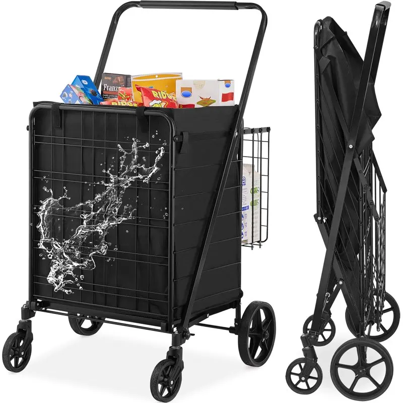 

Folding Shopping Cart 330lbs Heavy Duty Rolling Grocery Cart with Water Resistant Removable Bag Double Baskets Utility Trolley f
