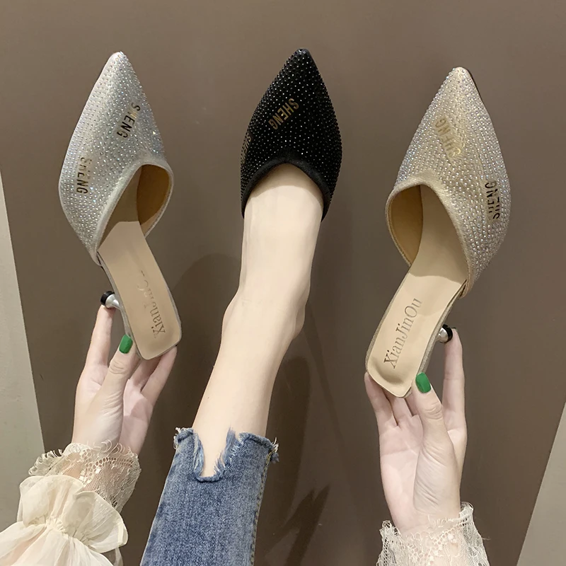 

Shoes Slippers Heels Med Mules For Women 2022 Slides Fashion Pantofle High Soft Summer Thin Luxury New PU Bling Rubber Thin Heel