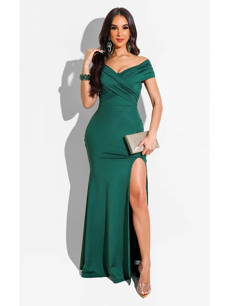 

2023 Autumn Dresses for Women Off Shoulder Front and Rear V-neck Split Evening Dress Vestidos De Mujer Elegant Maxi Robe Female