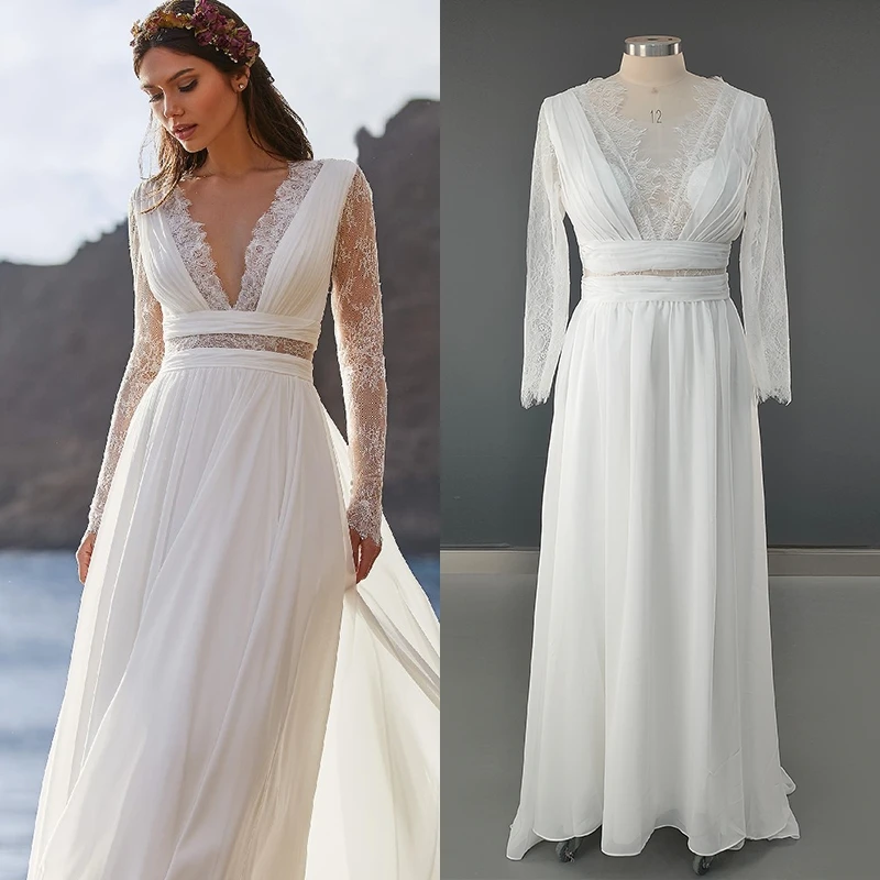 

10419# 100% Real Photos V-neck Long Sleeves Sheath Soft Chiffon Wedding Dress Illusion Back Bridal Gown Evening Party Dresses