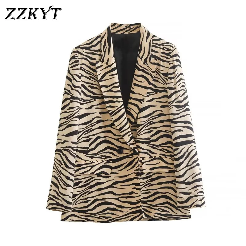 

Women Vintage Office Lady Double Breasted Animal Print Blazers Coat Fashion Notched Collar Long Sleeve Outerwear Chic Top