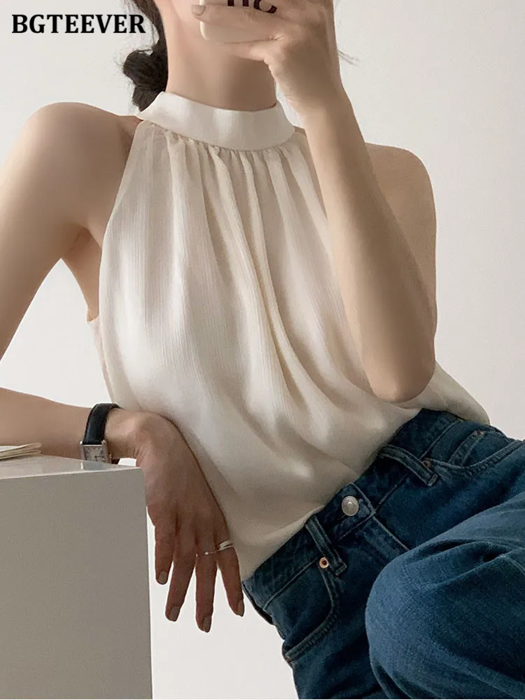 

BGTEEVER Chic Solid Ladies Camisole Summer Sleeveless Loose Female Vests Stylish Halter Women Tank Tops 2022
