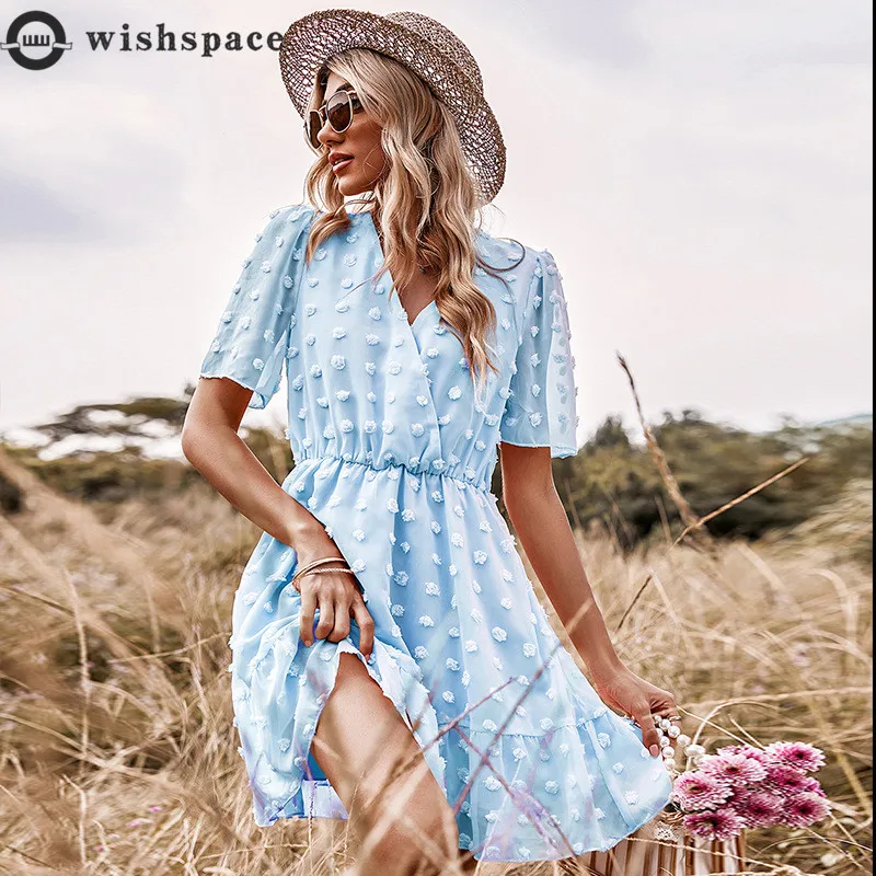 

2022 Summer New V-neck Waist Closing Short Sleeve Pink Polka Dot Dress Women's Comfortable Casual Robe Leisure Maxi Party Dress