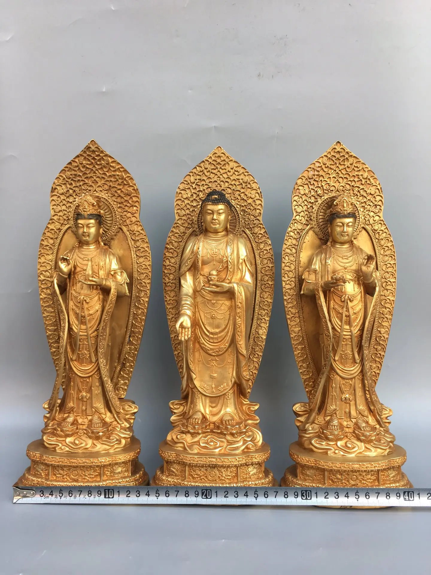 

15"Tibetan Temple Collection Old Bronze Gilding Western Three Holy Buddhas a set Lotus Platform Worship Hall Town House Exorcism