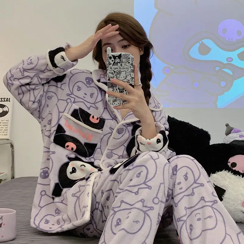 

Sanrios Kawaii Kuromi Cartoon Pajamas Winter Coral Fleece Long-Sleeved Cardigan Purple Thickened Sleepwear Homewear Suit Gift
