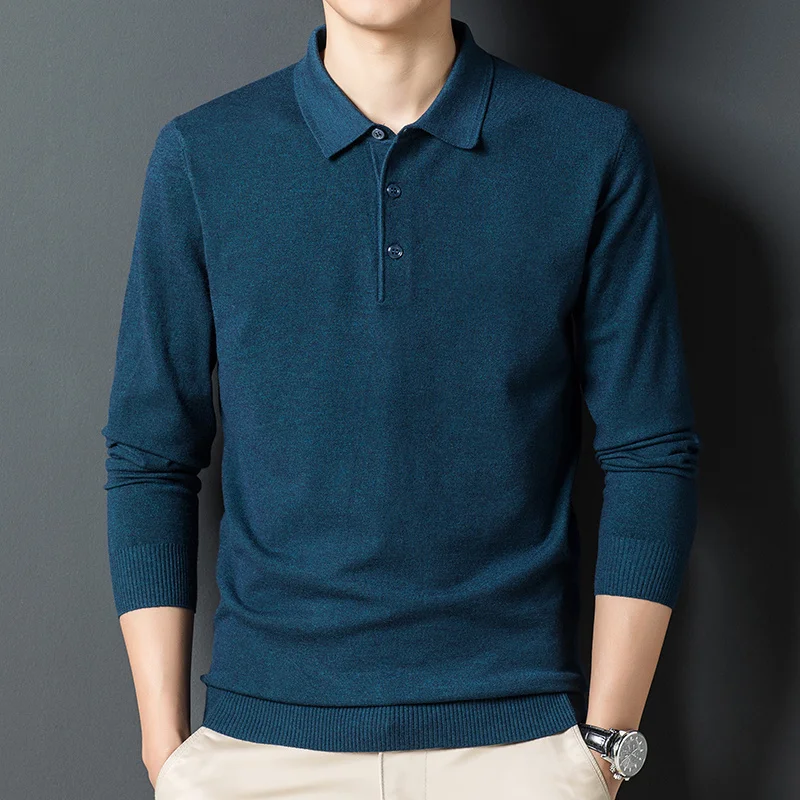 

Autumn New Men's Solid Color Lapel Wool Sweater Classic Style Business Lon Sleeve Tin Knit Sweater Male Brand Clotes