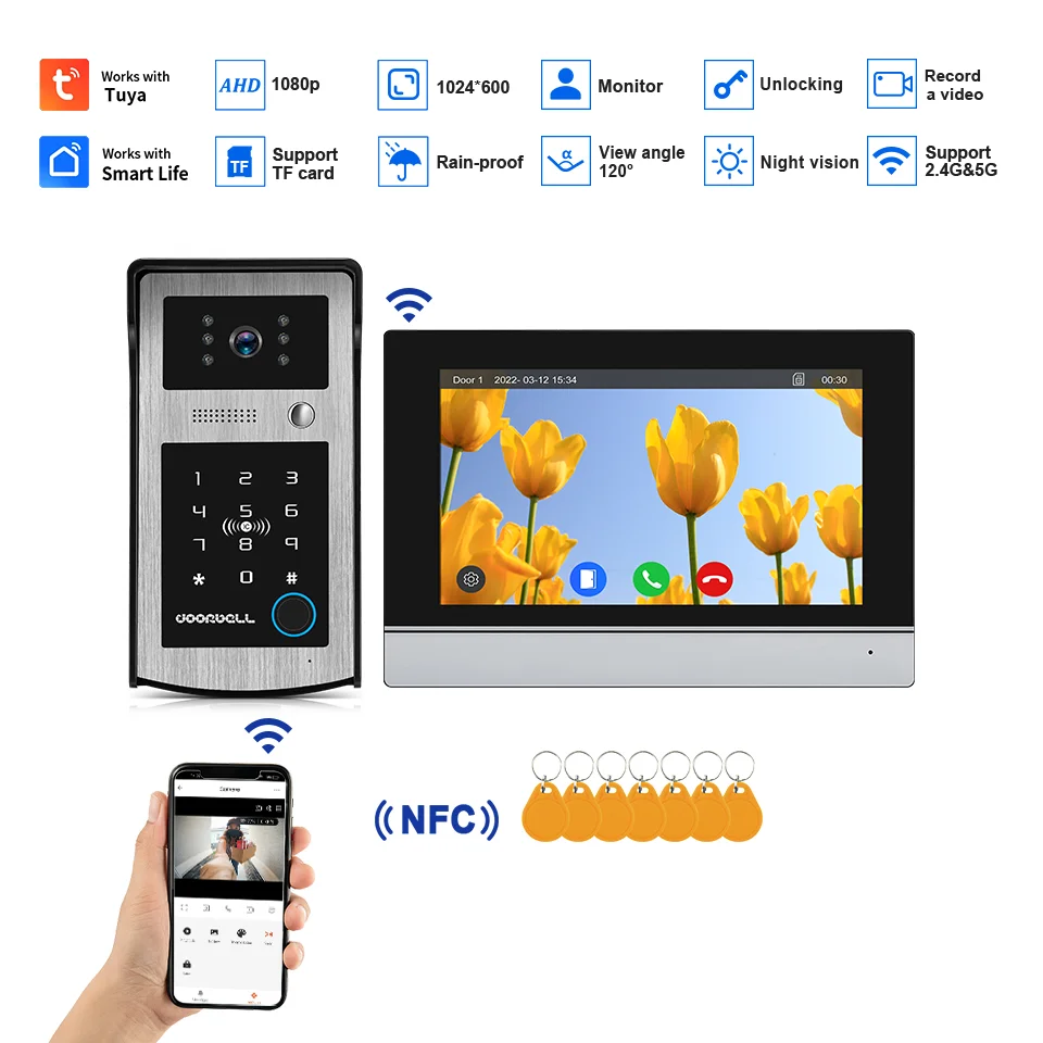 Фото 7-дюймовый IPS-экран, приложение Tuya, 2 МП, 1080P, RFID/пароль, 4-проводной видеодомофон, видеоглазок с записью, видеокамера для двери №1