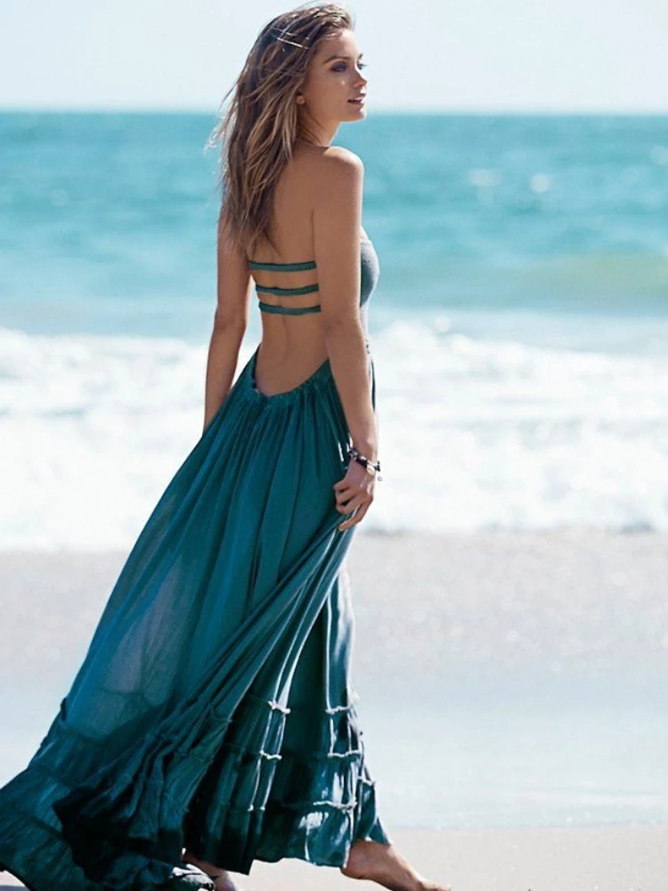 

Элегантное женское платье, Новинка лета 2023, облегающее однотонное платье-трапеция в пляжном стиле с открытой спиной и вырезом лодочкой, до щиколотки