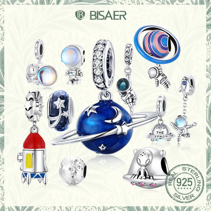 

BISAER Pendant Cute Astronaut Moon Spaceship Rocket Alien Flying Saucer Planet 925 Sterling Silver Charm Fine Jewelry For Women