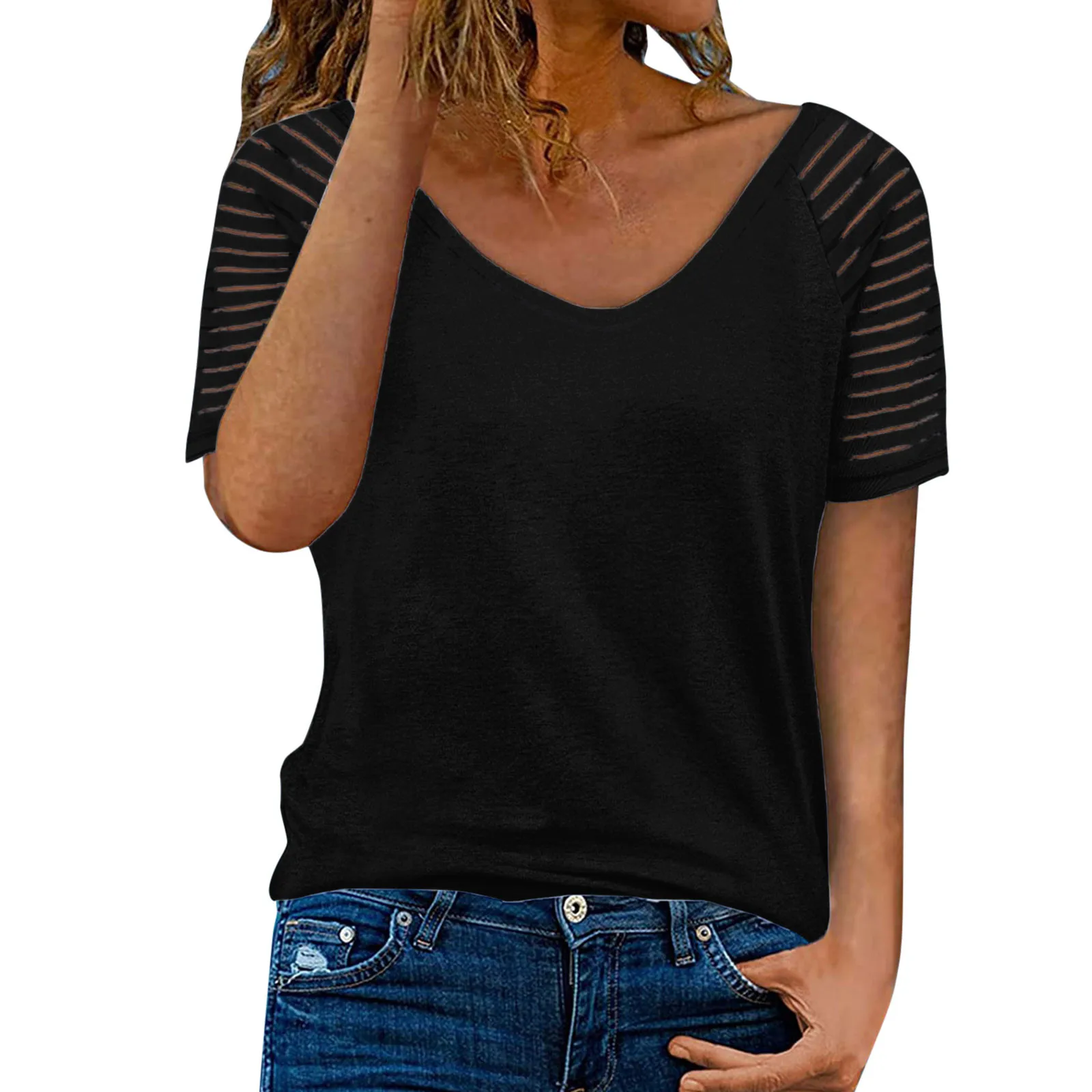

Женская модная Однотонная футболка с V-образным вырезом и коротким рукавом, Повседневная Свободная футболка для женщин, женские Рубашки, То...