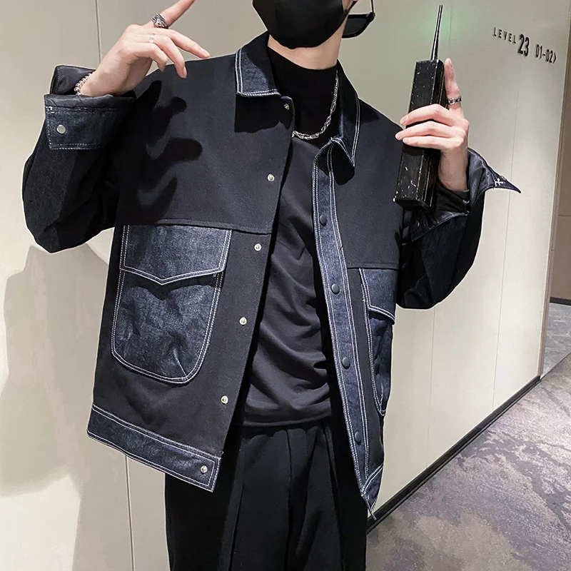 

2023 Spring Splicing Denim Jacket Men Loose Casual Coats Fashion Big Pocket Social Streetwear Jackets for Men Clothing