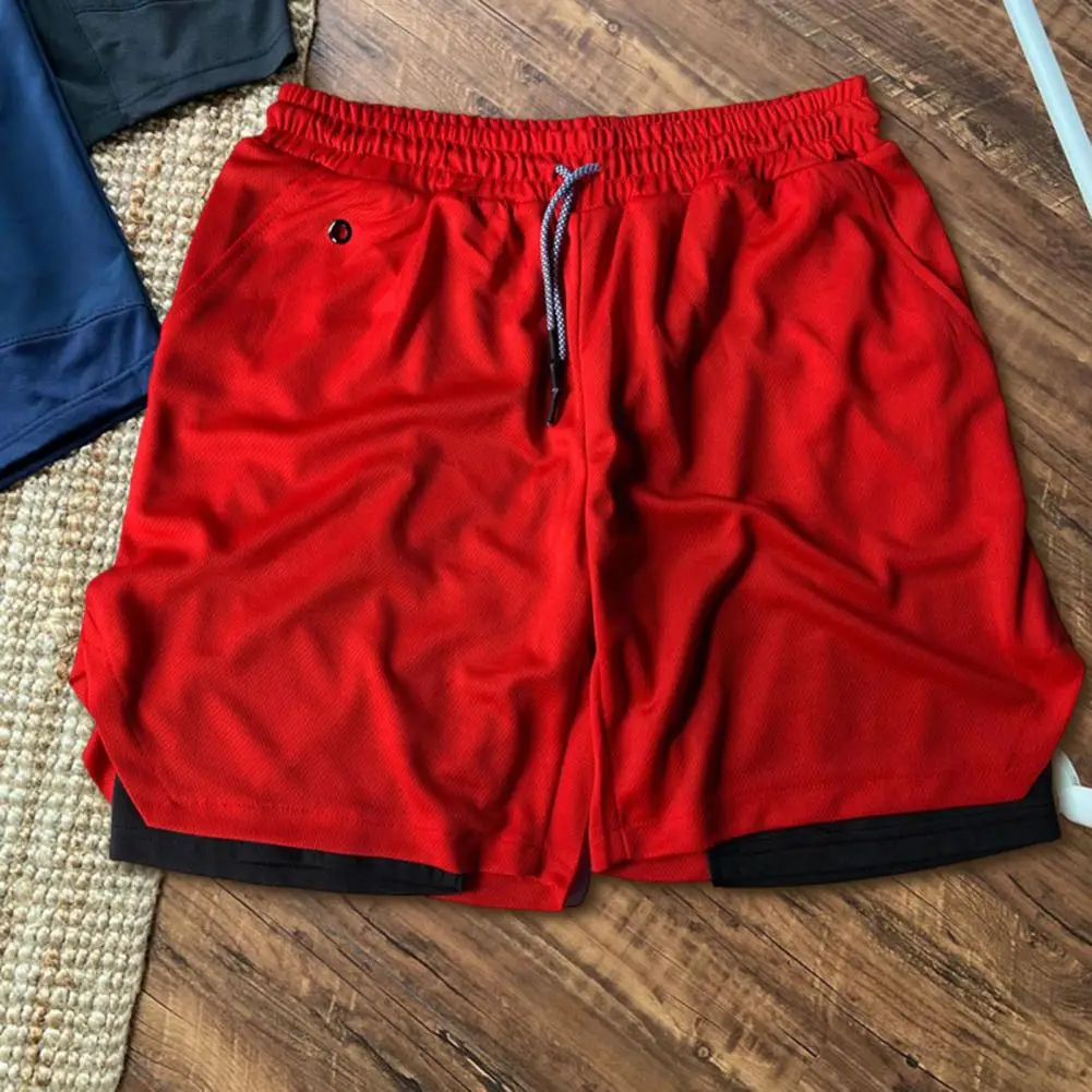 

Male Casual Elastic Waist Knee Length Shorts Fake Two Piece Sports Shorts Cell Phone Pocket for Beach