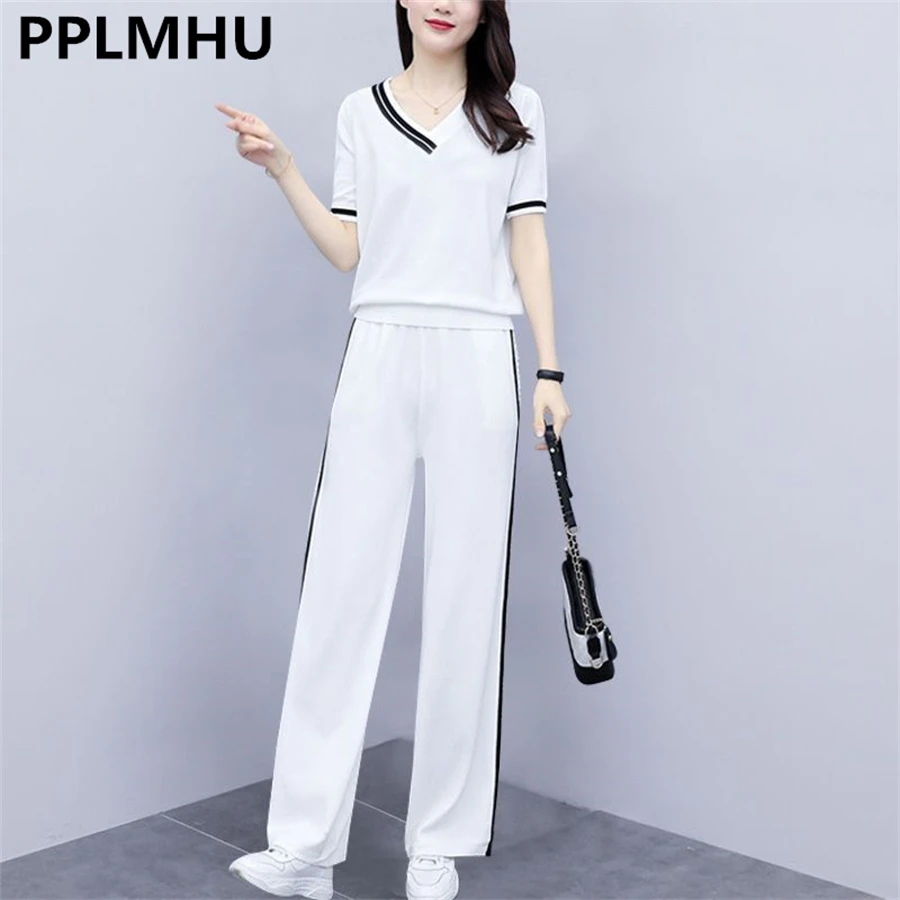 

Side Stripe Patchwork Loose Summer Sweatsuits Korean Casual Outfit Short Sleeve V-neck T-shirt Baggy Wide Leg Pants 2 Piece Sets