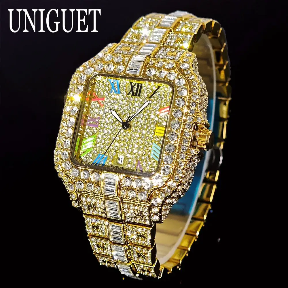 Фото UNIGUET Роскошные ледяные часы для мужчин, модные цветные римские литературные квадратные часы, мужские ювелирные часы в стиле хип-хоп с бриллиантами, наручные часы Reloj №4