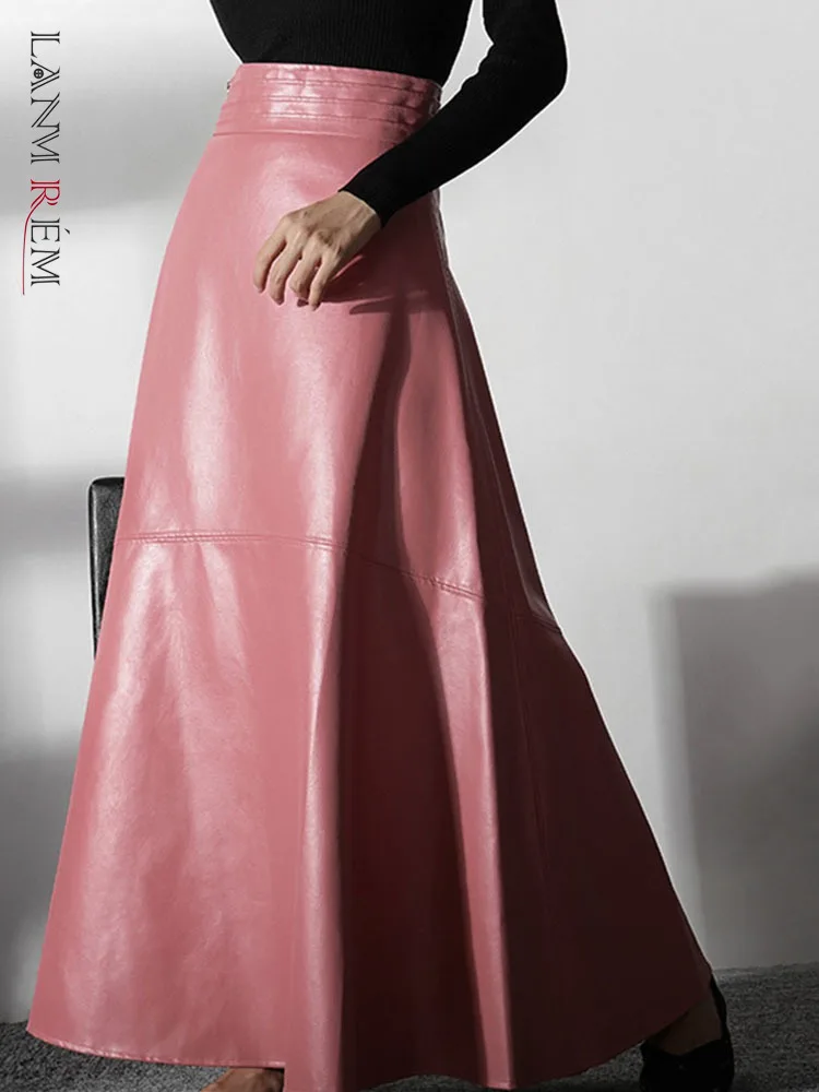 

LANMREM PU High Waist Long Skirts Women Zipper Decoration Solid Color A-line Fit Fashion 2023 Summer Female Clothing 2I101