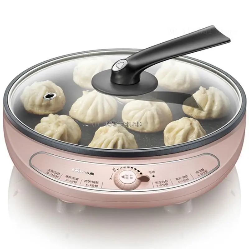 

Многофункциональная электрическая сковорода для приготовления пищи, 27 см, кухонные инструменты, стеклянная крышка, одинарный противень для выпечки, высота 3 см, 1000 Вт, розовый цвет