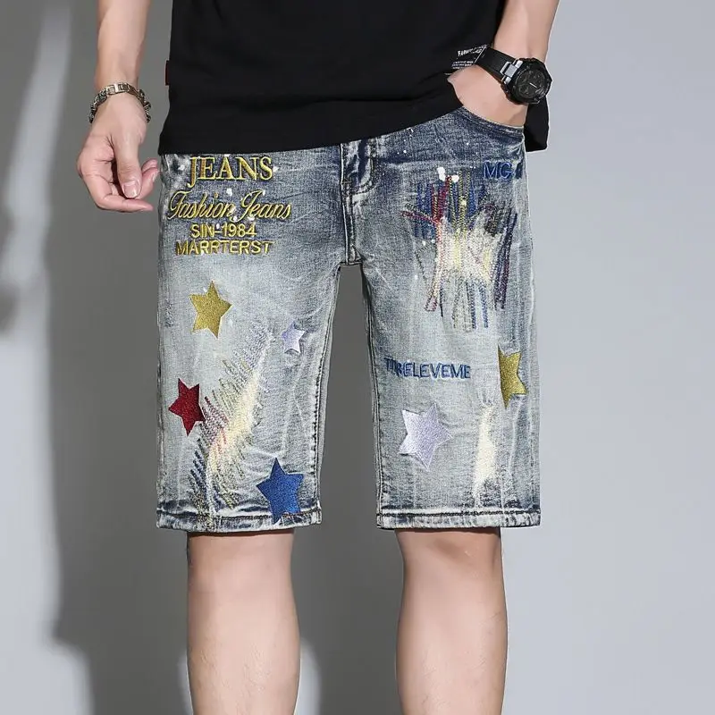 Summer Men Denim Shorts Trendy Micro Stamped Motorcycle Ripped Vintage Embroidered Straight Mid Waist Jeans Chapter Splash Ink 2