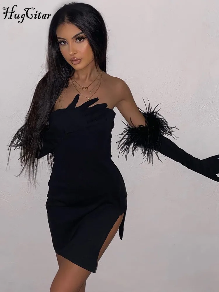 Hugcitar с открытыми плечами без бретелек перчатки перьями разрезом сексуальное
