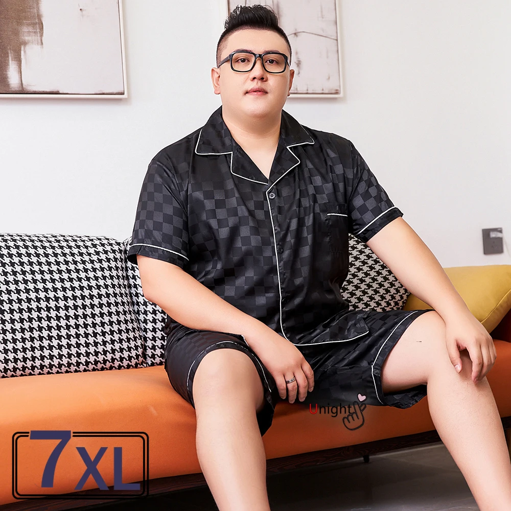 Summer Men Pajamas Set Turn-down Collar Large Size Sleepwear Short Sleeve Trousers Pyjama Night Pijama Home Wear  5XL 7XL Lounge