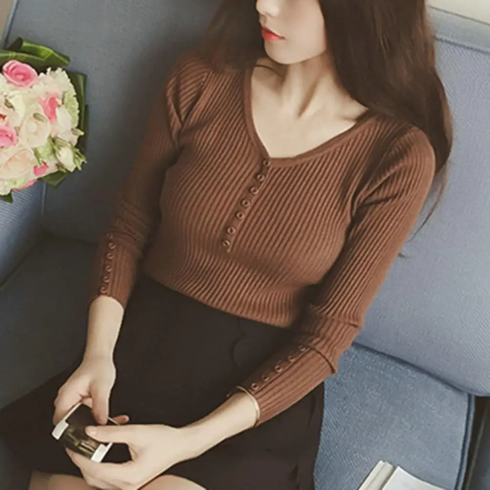 

Women Knitted Top Chic V-neck Knitted Sweaters for Women Slim Fit Elastic Pullover Tops Solid Colors for Fall Winter Wardrobe