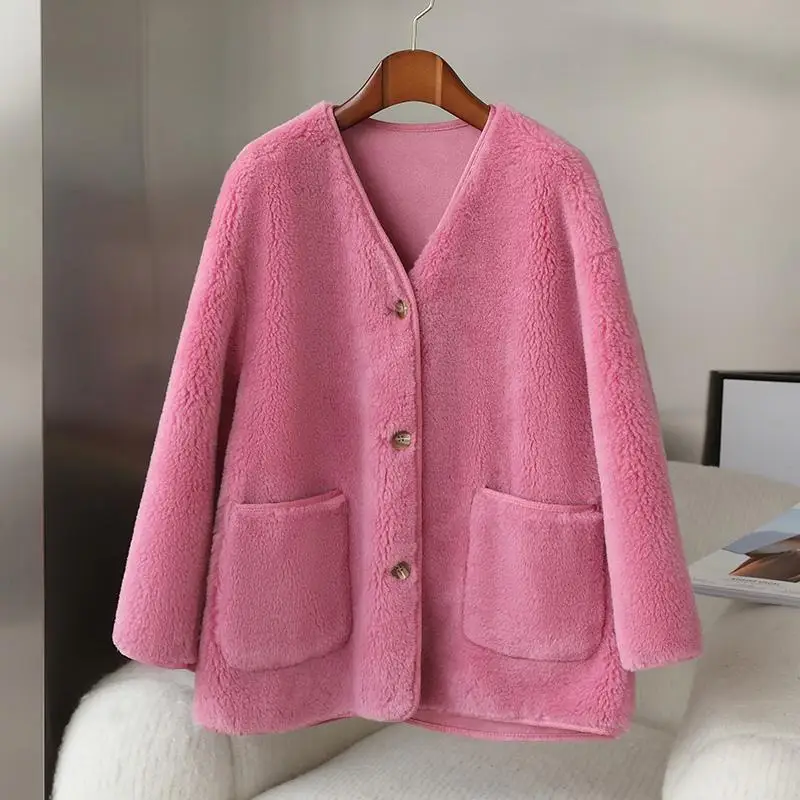 Women 2022 Autumn Winter Fashion Genuine Wool Fur Coats Female Short V-neck Outerwear Ladies Real Lamb Fur Warm Jackets Q22