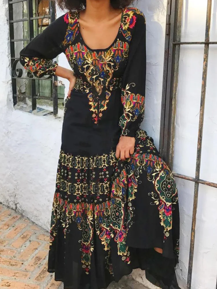 

Ethnic Retro Floral Print Long Party Dress Women Long Sleeve Boho Holiday Beach Dress 2022 Spring Summer O Neck Loose Maxi Dress
