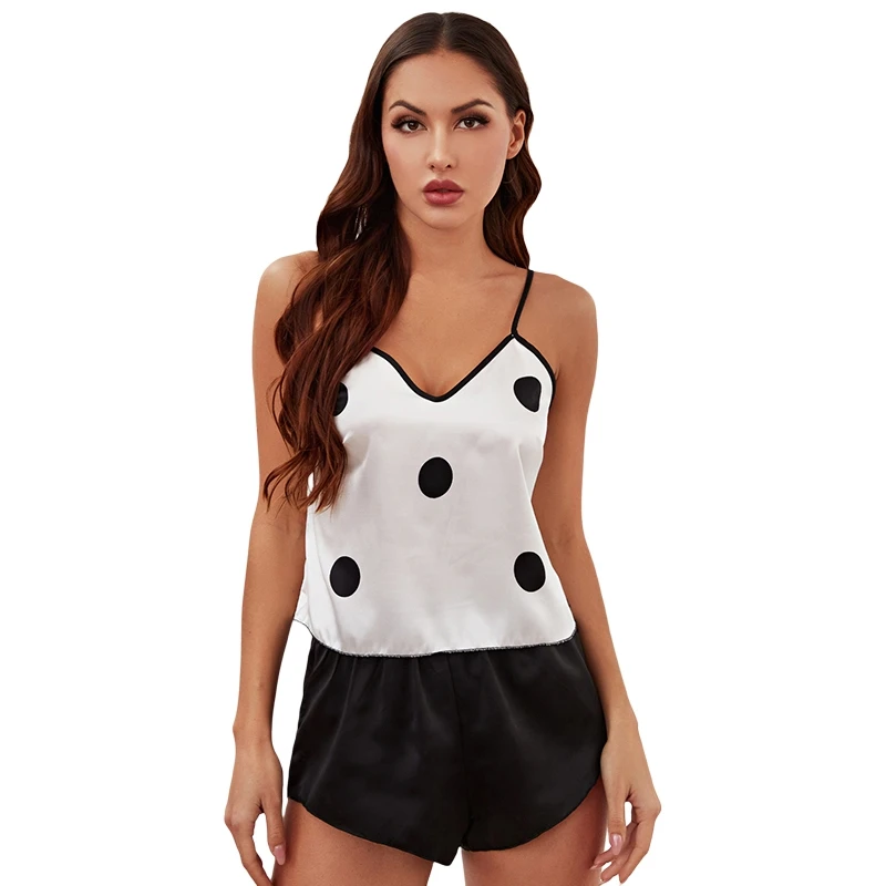 

Summer Satin Pajama Sets Women Sexy Lingerie Satin Sleepwear Polka Dot Cami And Solid Shorts Suit