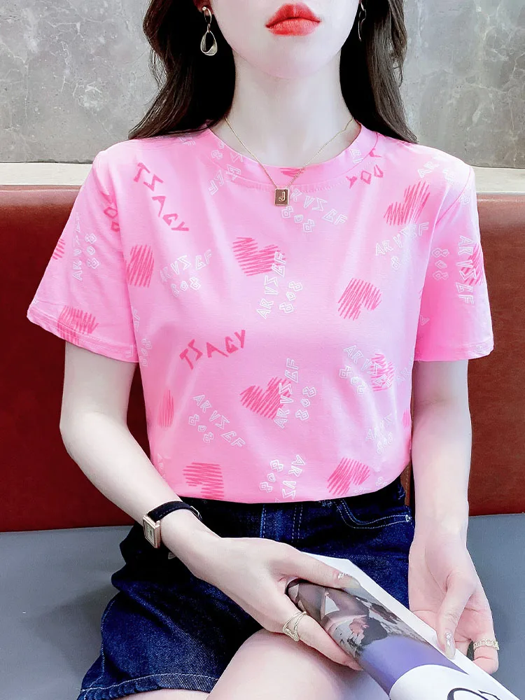 White Pure Cotton Loose Short Sleeve T-Shirt Women's 2025 Summer Slish T-shirt Heart Printed All-Matching Anti-Aging Top |