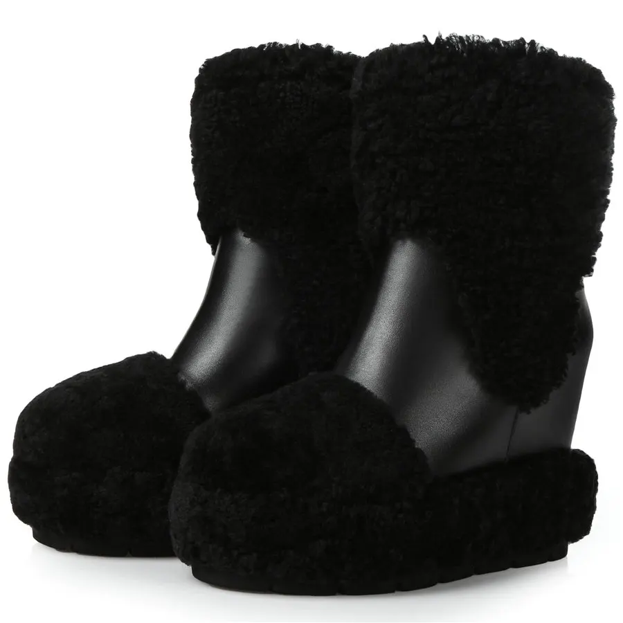 Winter Warm Fur Pumps Women Genuine Leather Wedges High Heel Snow Boots Female High Top Round Toe Fashion Sneakers Casual Shoes
