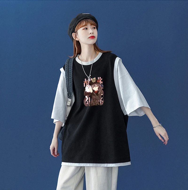 

Kawaii Hu Tao Open World Adventure Game Genshin Impact Short Sleeve T-shirts Harajuku Summer Fashion Korean Casual Women T Shirt