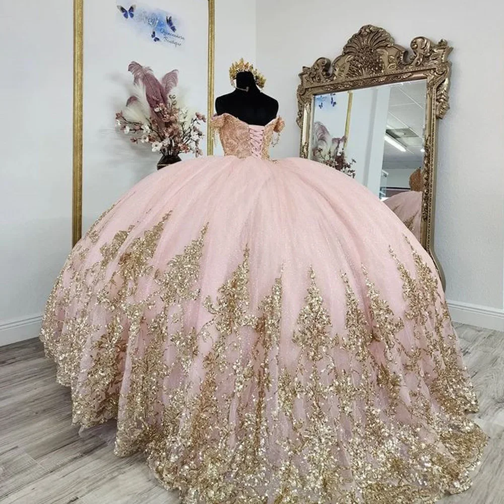 Angelsbridep Блестящие розовые платья Quinceanera с открытыми плечами блестящий золотой